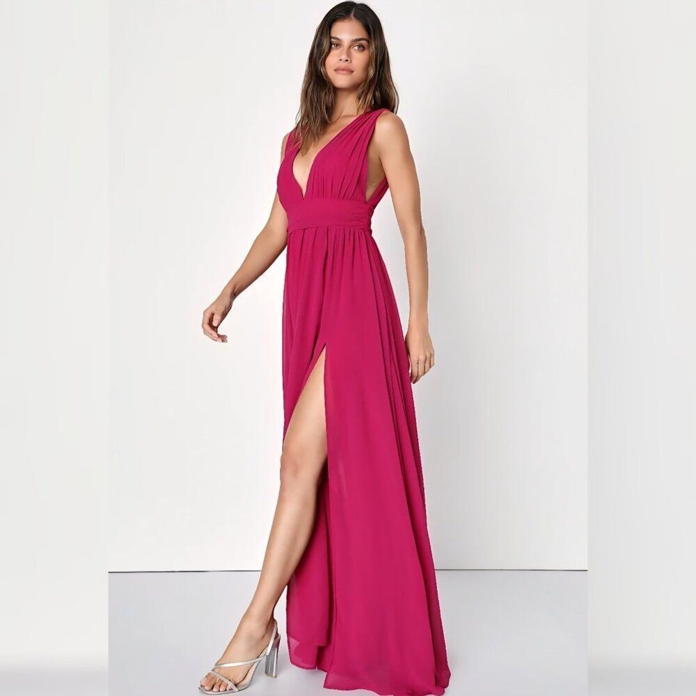 New LULUS -‎ L Heavenly Hues Magenta  Maxi Chiffon V Neck Dress